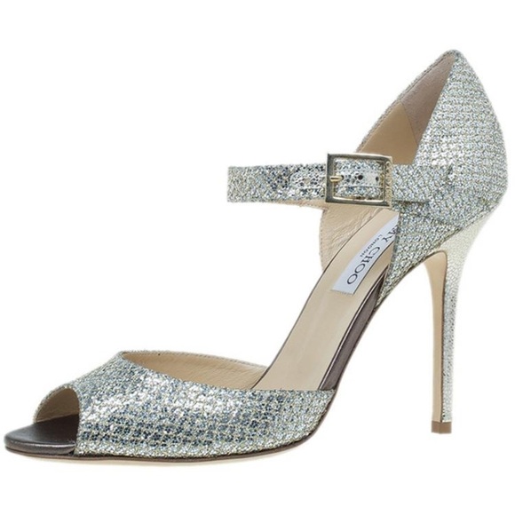 JIMMY CHOO | Articolo Champagne Gold Glitter Lace Peep Toe Pumps Size 39.5 | 9 - Picture 3 of 14